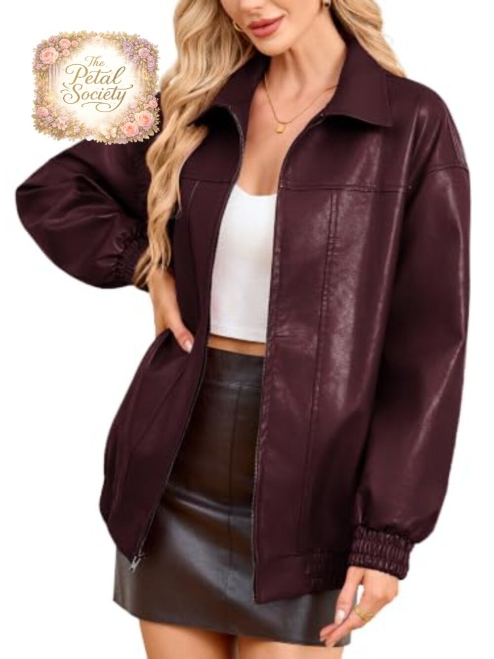 Faux Leather Oversized Zip Trench Coat Ribbed Cuffs Winter Warm
